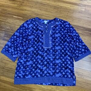 Chico's Women's Blue Diamond Print 3/4 Sleeve Tunic‎ Top Size Large Sequins